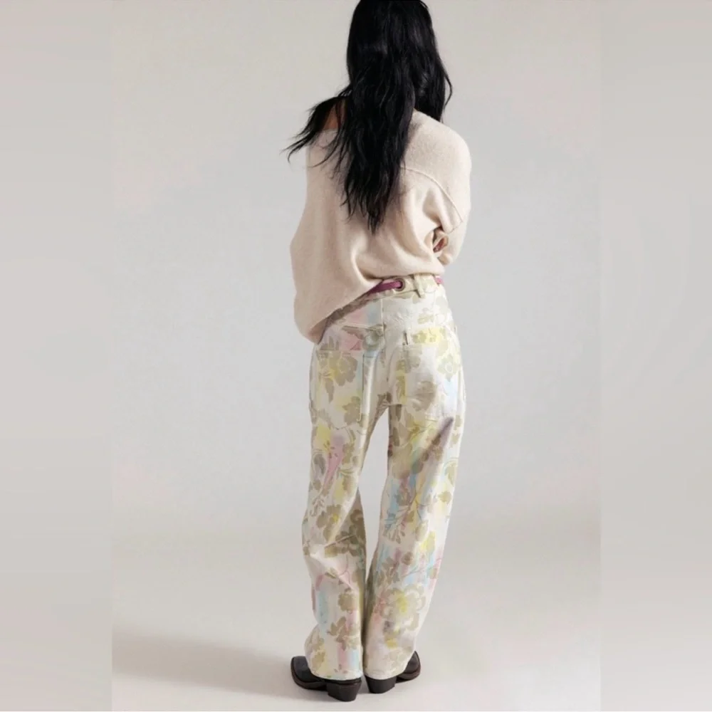 NWT We The Free People Moxie Printed Floral Flocked Barrel Jeans Size 27 w/ Belt - Picture 7 of 13